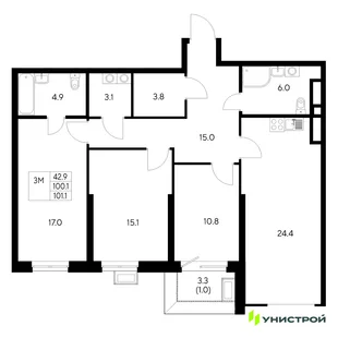 Планировка 3-комн. квартира, 101.1 м² ЖК «Стадиум»