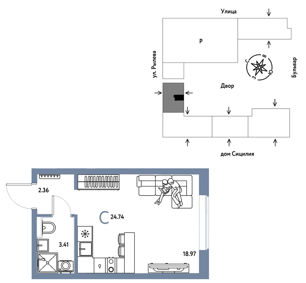 Планировка Студия, 24.74 м² ЖК «Остров-сад»