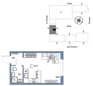 Планировка Студия, 24.74 м² ЖК «Остров-сад»