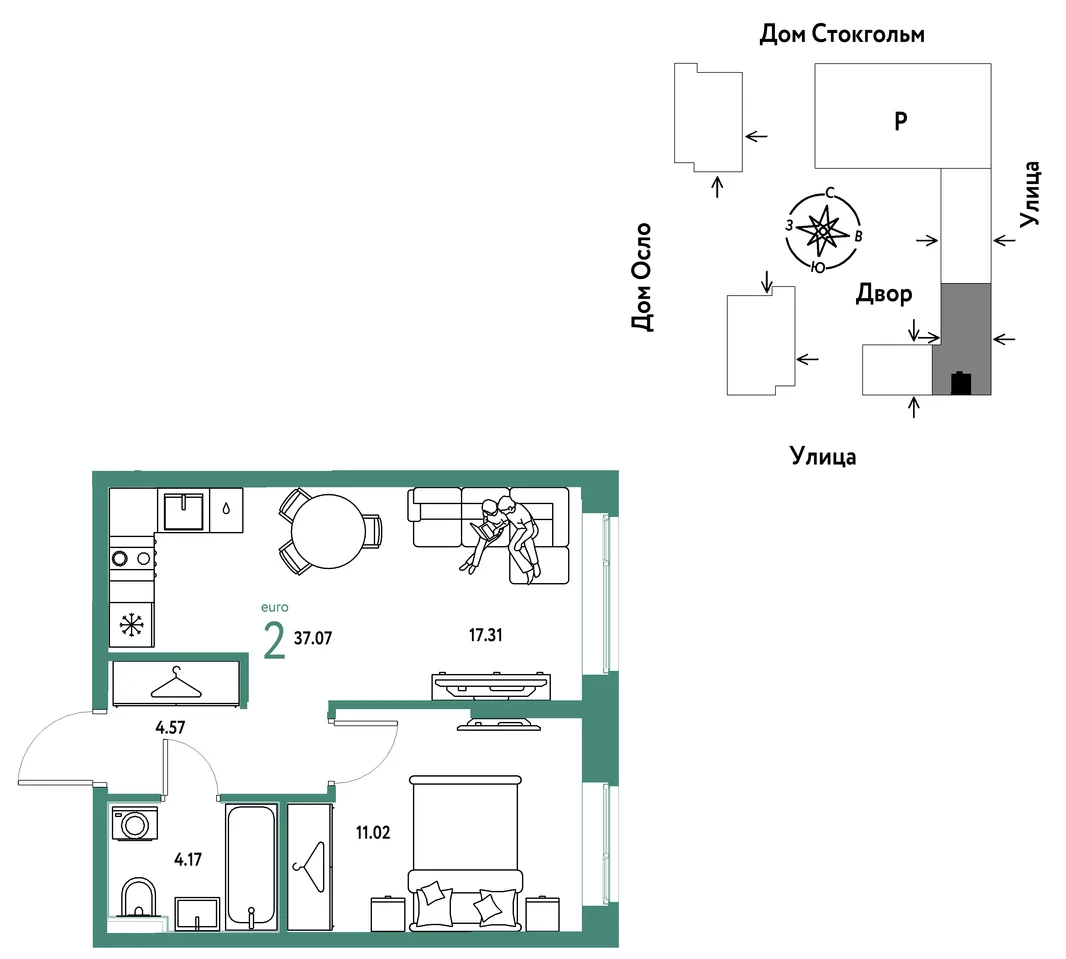 Планировка 2-комн. квартира, 37.07 м² ЖК «Европейский берег 2.0»