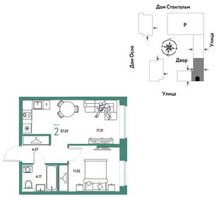 Планировка 2-комн. квартира, 37.07 м² ЖК «Европейский берег 2.0»