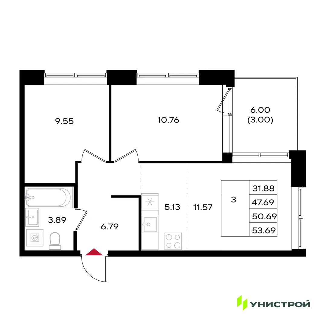 Планировка 3-комн. квартира, 50.69 м² ЖК «Уникум на Энгельса»