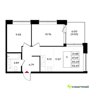 Планировка 3-комн. квартира, 50.69 м² ЖК «Уникум на Энгельса»