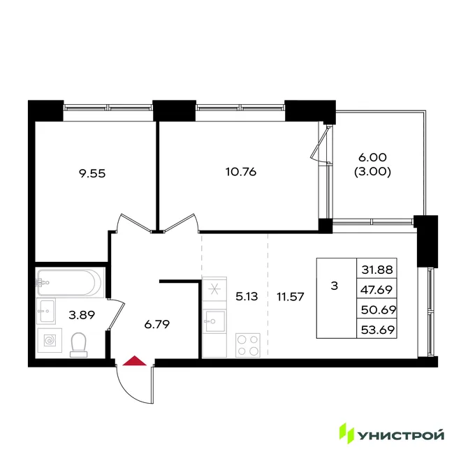 Планировка 3-комн. квартира, 50.69 м² ЖК «Уникум на Энгельса» Планировка 3-комн. квартира, 50.69 м² ЖК «Уникум на Энгельса»