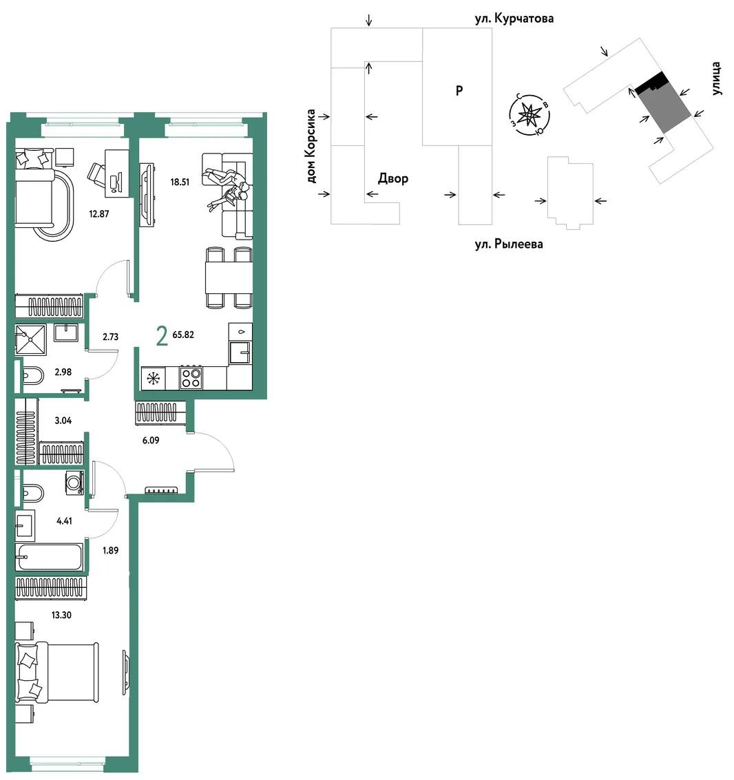 Планировка 2-комн. квартира, 66.26 м² ЖК «Остров-сад»