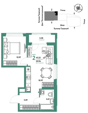 Планировка 2-комн. квартира, 43.22 м² ЖК «Микрорайон Домашний»