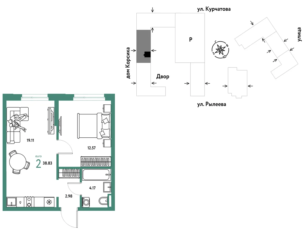 Планировка 2-комн. квартира, 38.83 м² ЖК «Остров-сад»
