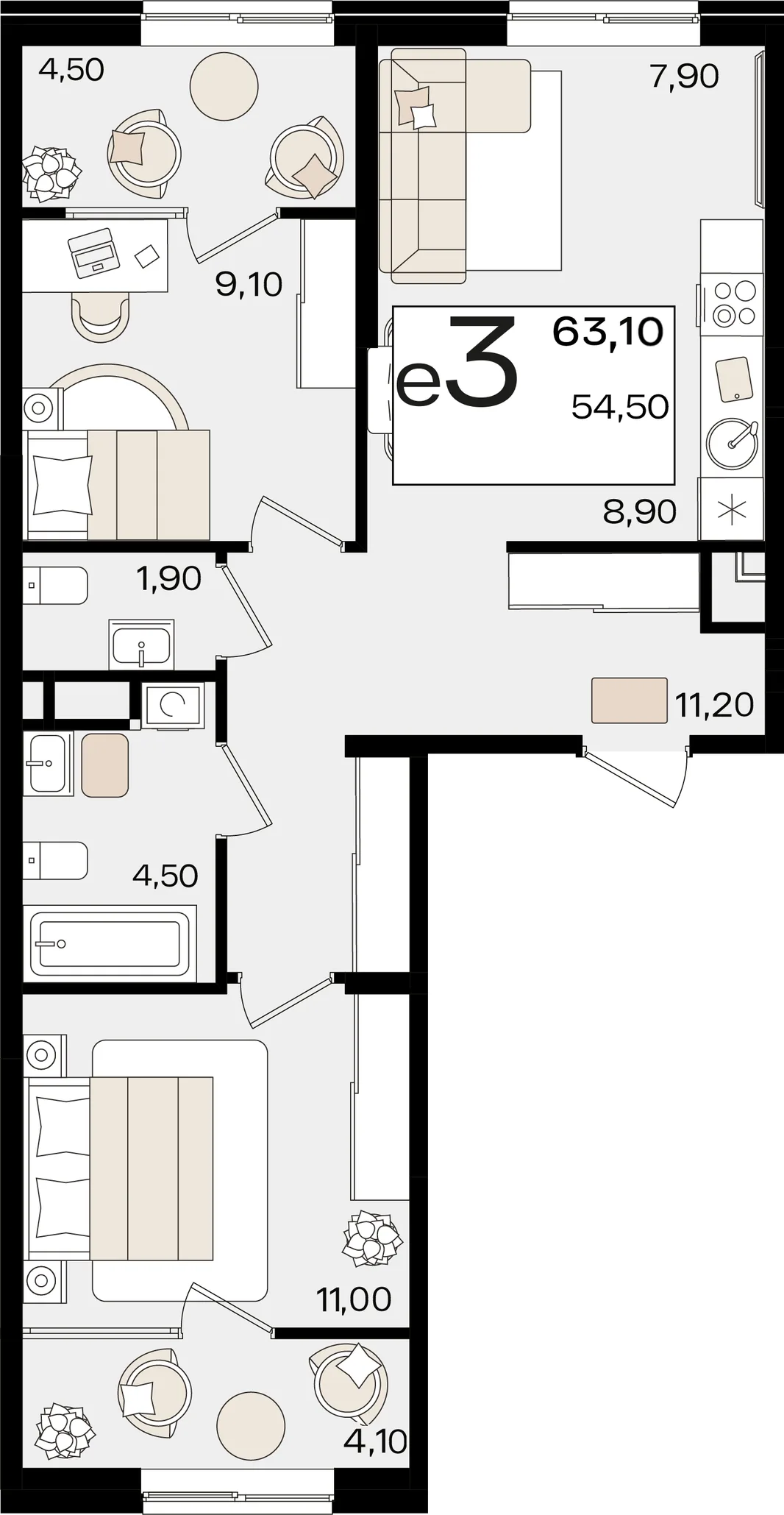 Планировка 3-комн. квартира, 63.1 м² ЖК «Патрики»