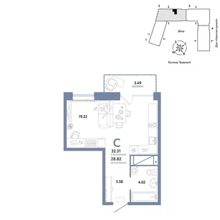 Планировка Студия, 32.31 м² ЖК «Микрорайон Домашний»