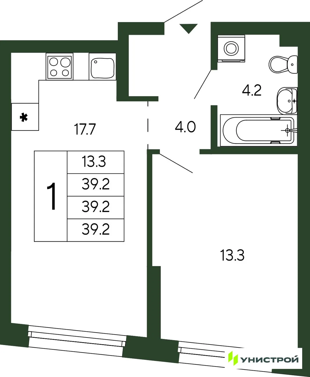 Планировка 1-комн. квартира, 39.2 м² ЖК «Парковый квартал 2.0»