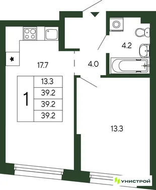 Планировка 1-комн. квартира, 39.2 м² ЖК «Парковый квартал 2.0»