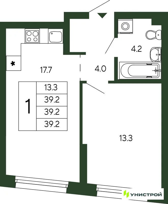 Планировка 1-комн. квартира, 39.2 м² ЖК «Парковый квартал 2.0» Планировка 1-комн. квартира, 39.2 м² ЖК «Парковый квартал 2.0»