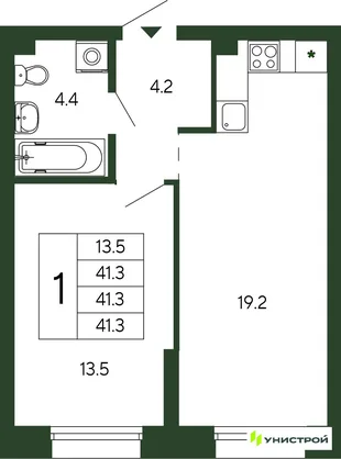 Планировка 1-комн. квартира, 41.3 м² ЖК «Парковый квартал 2.0»