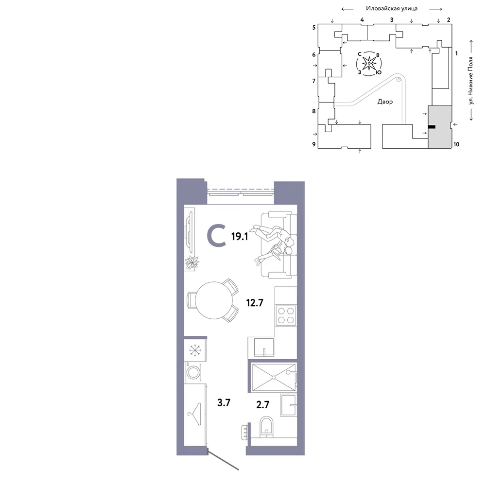 Планировка Студия, 19.1 м² ЖК «Страна.Заречная»