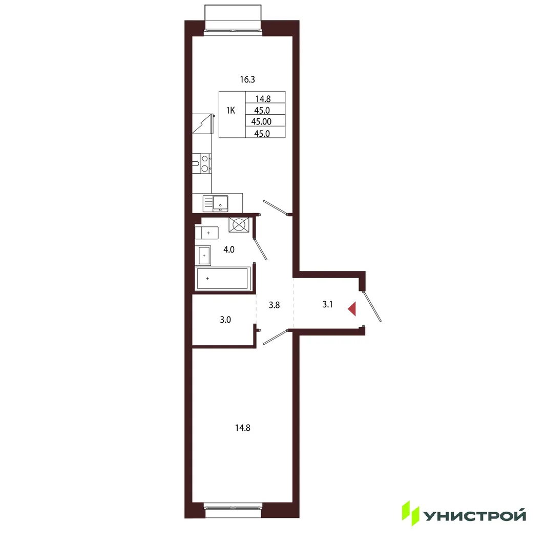 Планировка 1-комн. квартира, 45 м² ЖК «Лисино»