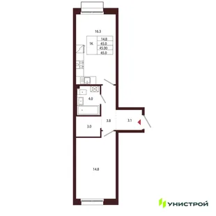 Планировка 1-комн. квартира, 45 м² ЖК «Лисино»