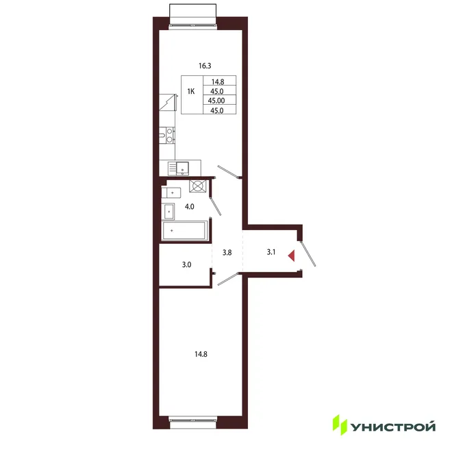Планировка 1-комн. квартира, 45 м² ЖК «Лисино» Планировка 1-комн. квартира, 45 м² ЖК «Лисино»