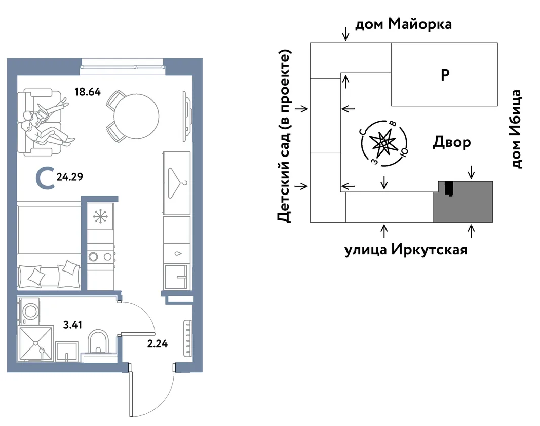 Планировка Студия, 24.29 м² ЖК «Остров-сад»