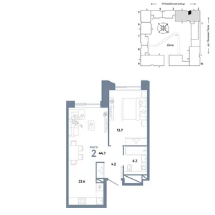 Планировка 2-комн. квартира, 44.7 м² ЖК «Страна.Заречная»