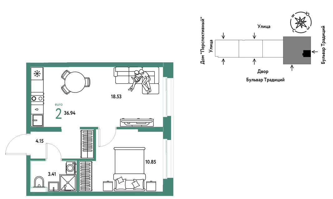 Планировка 2-комн. квартира, 36.94 м² ЖК «Микрорайон Домашний»