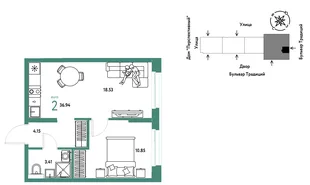Планировка 2-комн. квартира, 36.94 м² ЖК «Микрорайон Домашний»