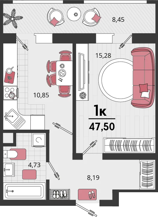 Планировка 1-комн. квартира, 47.5 м² ЖК «Родные просторы»