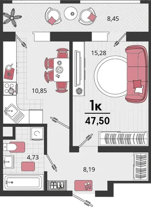 Планировка 1-комн. квартира, 47.5 м² ЖК «Родные просторы»