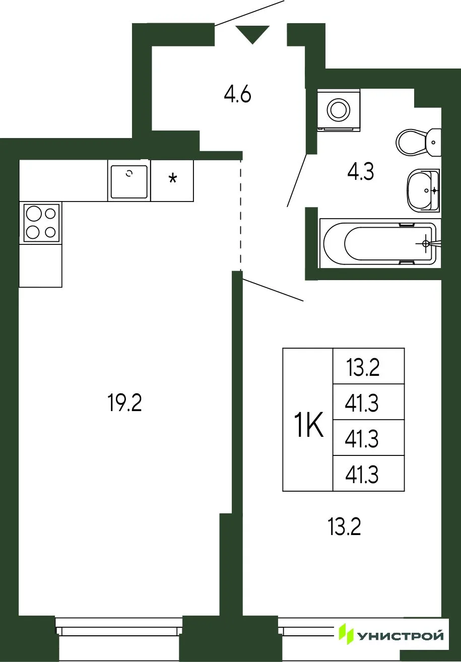 Планировка 1-комн. квартира, 41.3 м² ЖК «Парковый квартал 2.0»