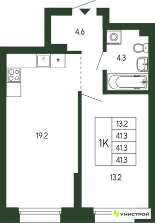 Планировка 1-комн. квартира, 41.3 м² ЖК «Парковый квартал 2.0»
