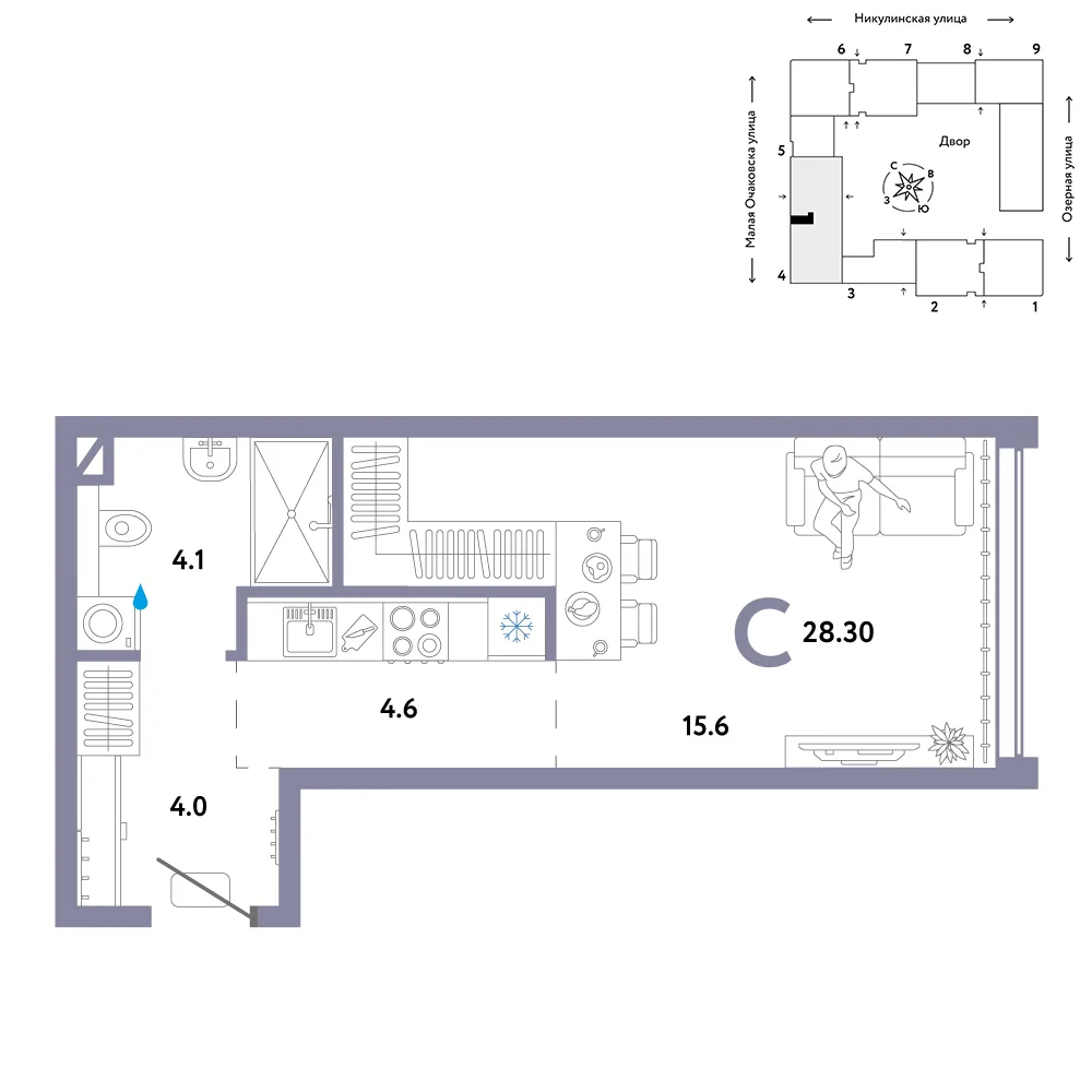 Планировка Студия, 28.3 м² ЖК «Страна.Озёрная»