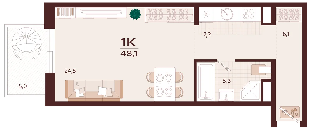 Планировка 1-комн. квартира, 48.1 м² ЖК «Роялта»