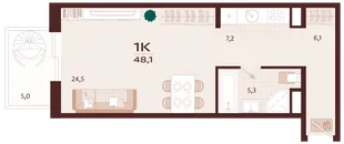 Планировка 1-комн. квартира, 48.1 м² ЖК «Роялта»