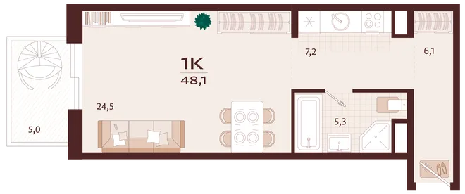 Планировка 1-комн. квартира, 48.1 м² ЖК «Роялта» Планировка 1-комн. квартира, 48.1 м² ЖК «Роялта»