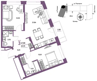 Планировка 3-комн. квартира, 68.05 м² ЖК «Авторский»