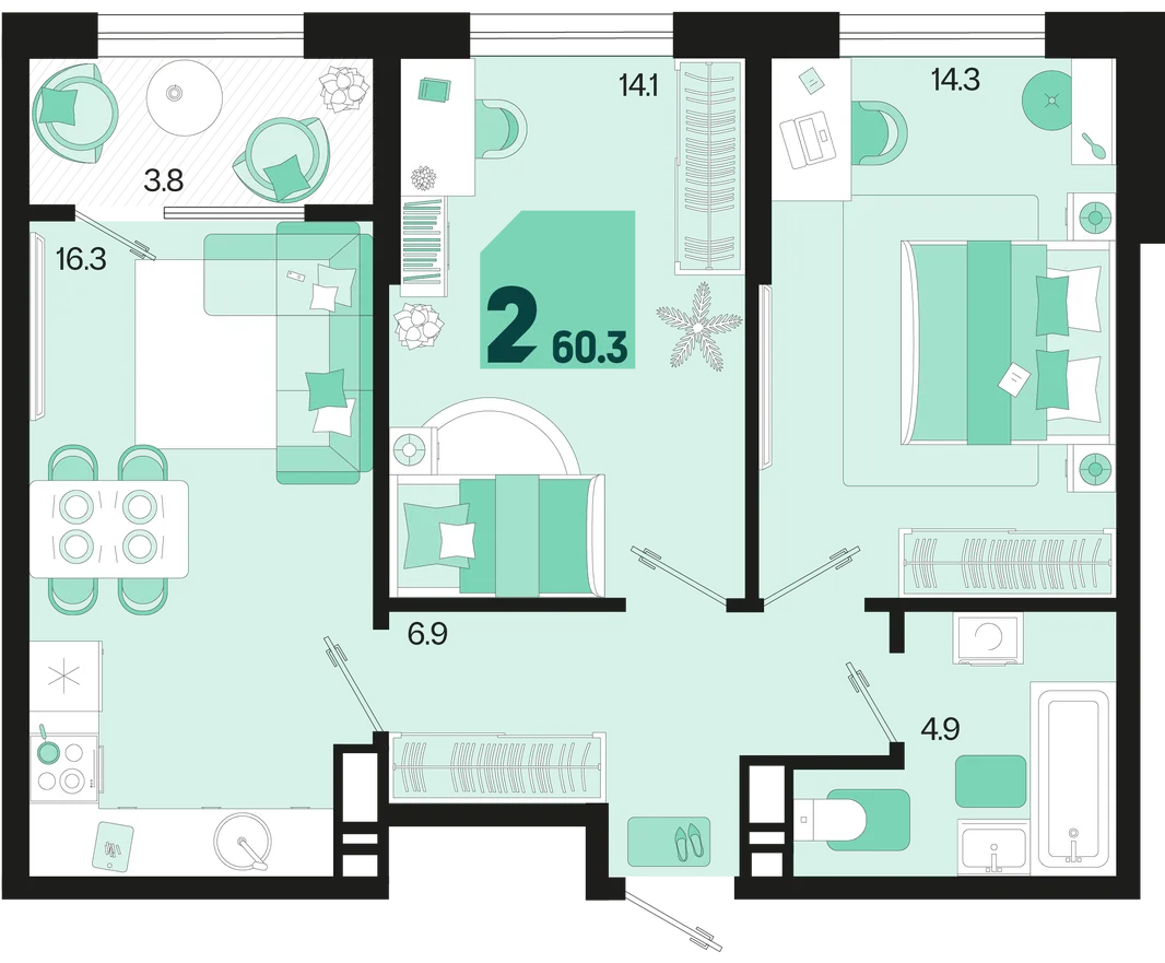 Планировка 2-комн. квартира, 60.3 м² ЖК «Первое место»