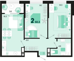 Планировка 2-комн. квартира, 60.3 м² ЖК «Первое место»