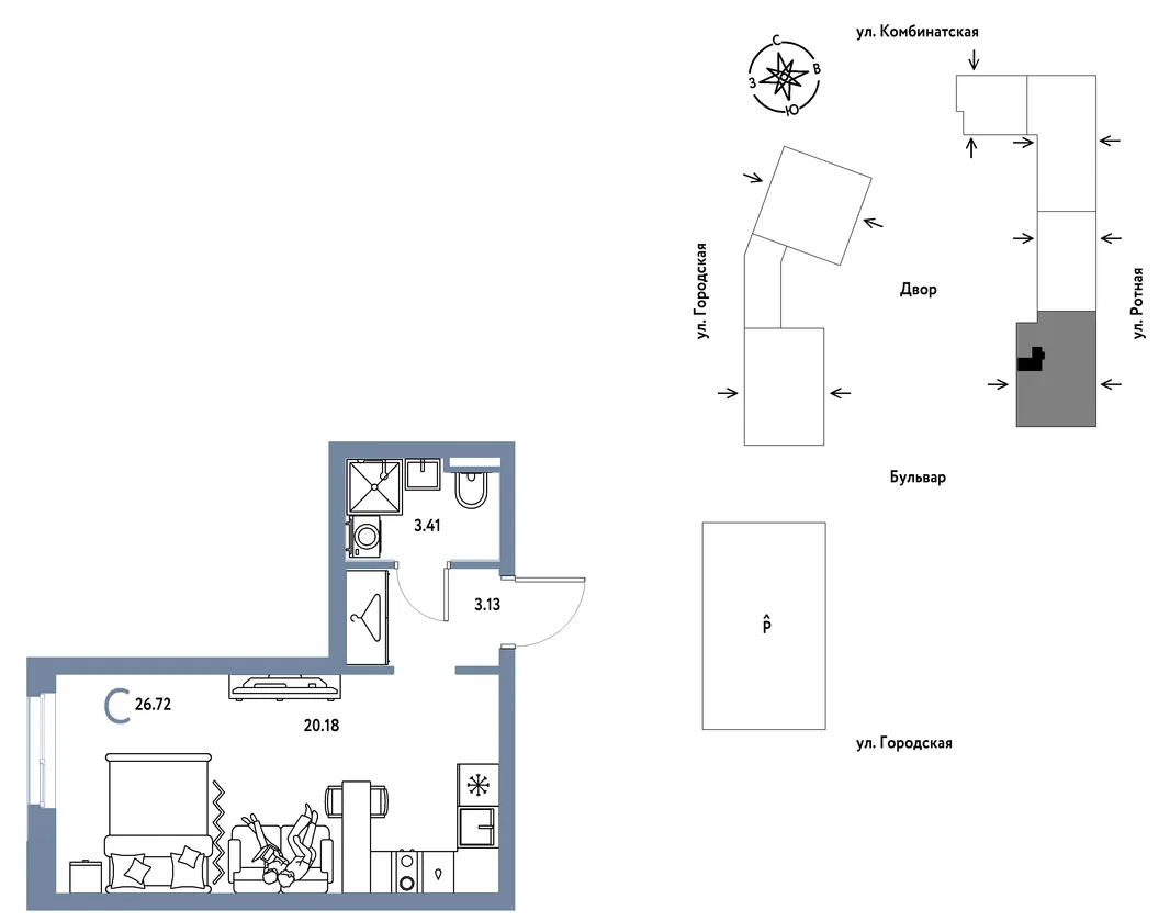 Планировка Студия, 26.72 м² ЖК «Уральский сад»