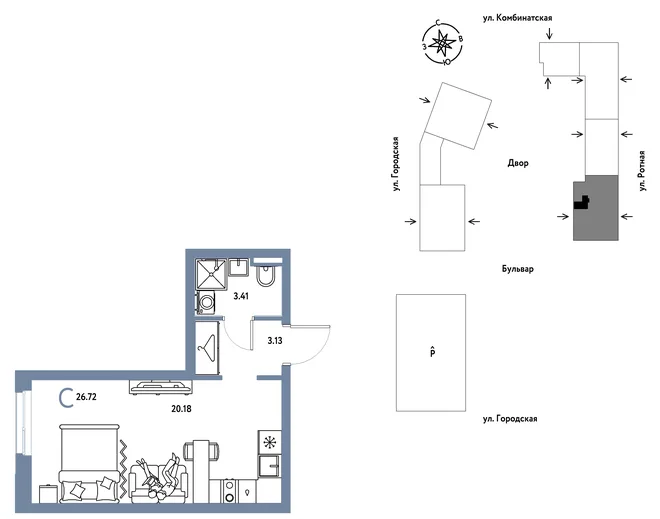 Планировка Студия, 26.72 м² ЖК «Уральский сад»