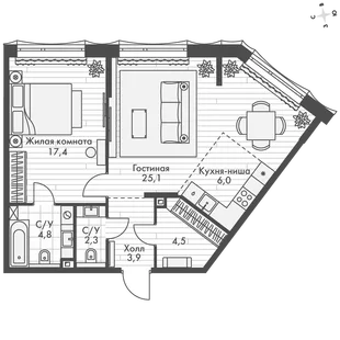 Квартира 2-комн. квартира, 64 м² ЖК «Фордевинд» Фото 1 Квартира 2-комн. квартира, 64 м² ЖК «Фордевинд» Фото 1
