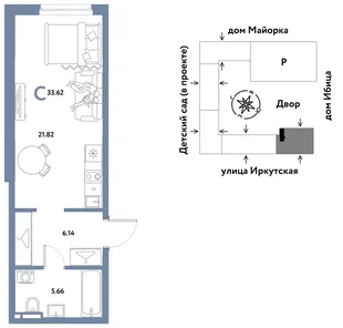 Планировка Студия, 33.62 м² ЖК «Остров-сад»