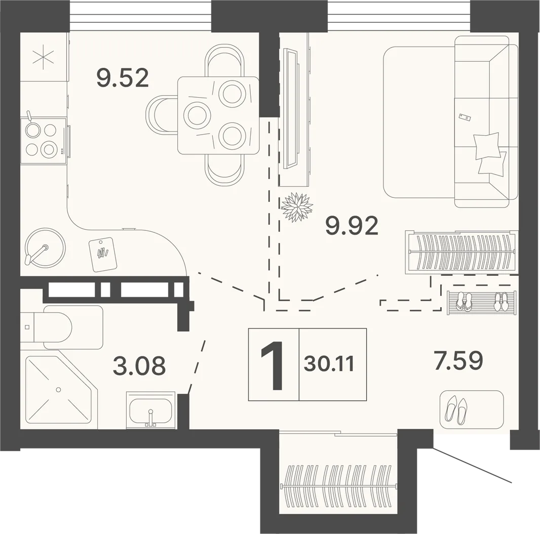 Планировка 1-комн. квартира, 30.11 м² ЖК «Светский лес»