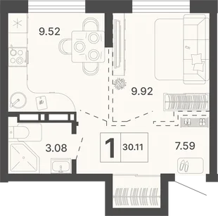 Планировка 1-комн. квартира, 30.11 м² ЖК «Светский лес»