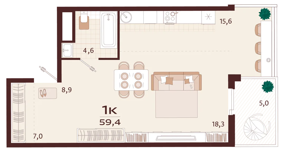 Планировка 1-комн. квартира, 59.4 м² ЖК «Роялта»