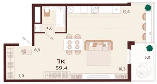 Планировка 1-комн. квартира, 59.4 м² ЖК «Роялта»