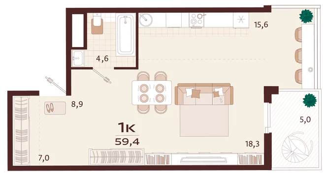 Планировка 1-комн. квартира, 59.4 м² ЖК «Роялта» Планировка 1-комн. квартира, 59.4 м² ЖК «Роялта»