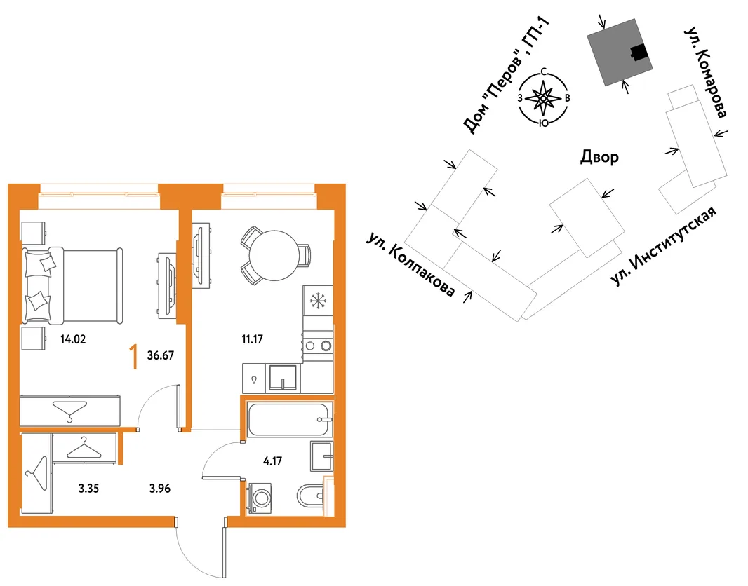 Планировка 1-комн. квартира, 36.67 м² ЖК «Страна.Парковая»