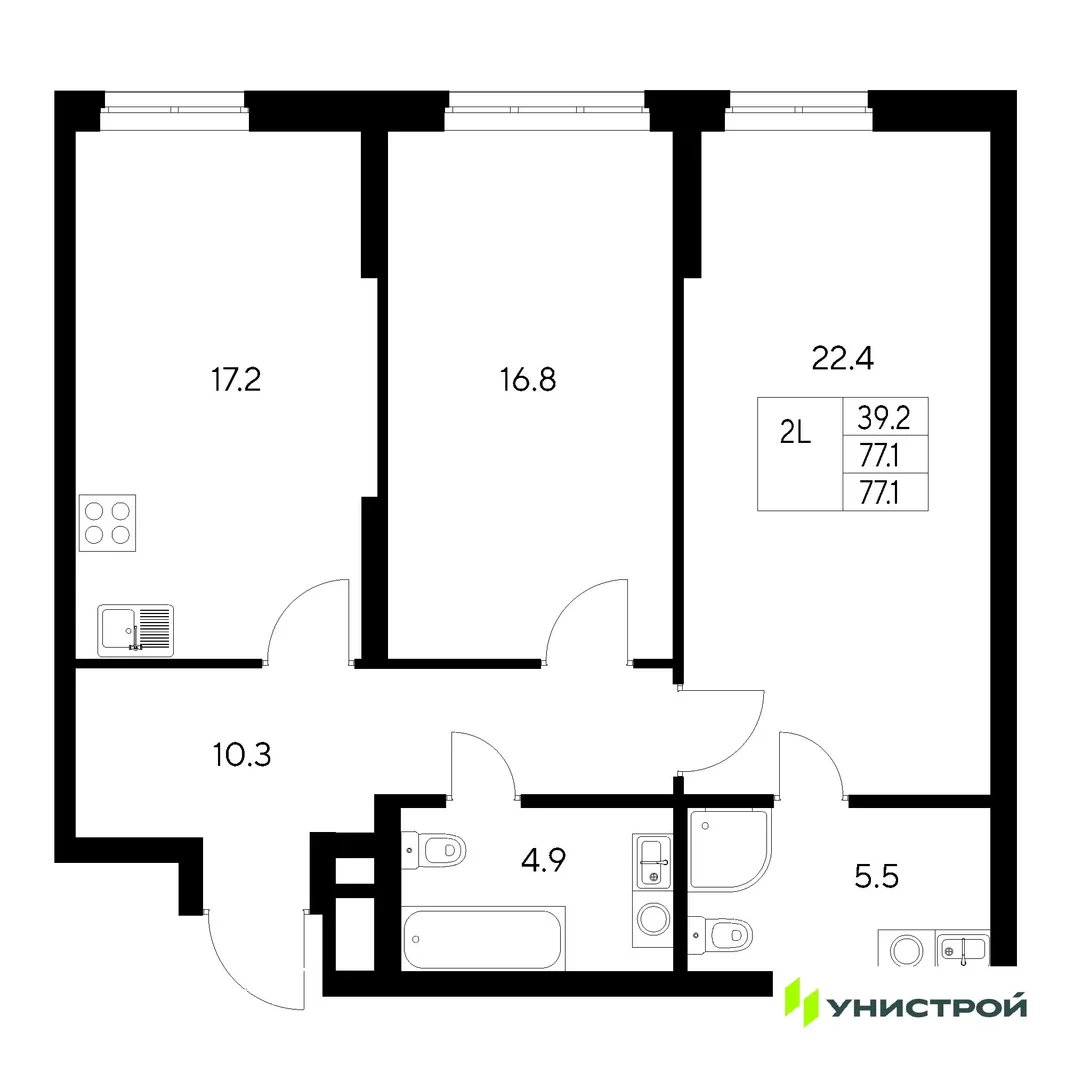 Планировка 2-комн. квартира, 77.1 м² ЖК «Стадиум»