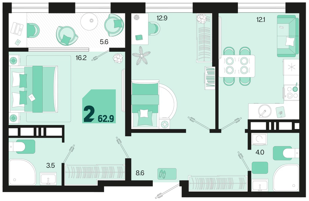 Планировка 2-комн. квартира, 62.9 м² ЖК «Первое место»