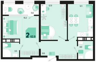 Планировка 2-комн. квартира, 62.9 м² ЖК «Первое место»