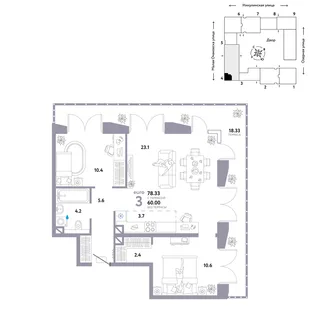 Планировка 3-комн. квартира, 78.33 м² ЖК «Страна.Озёрная»